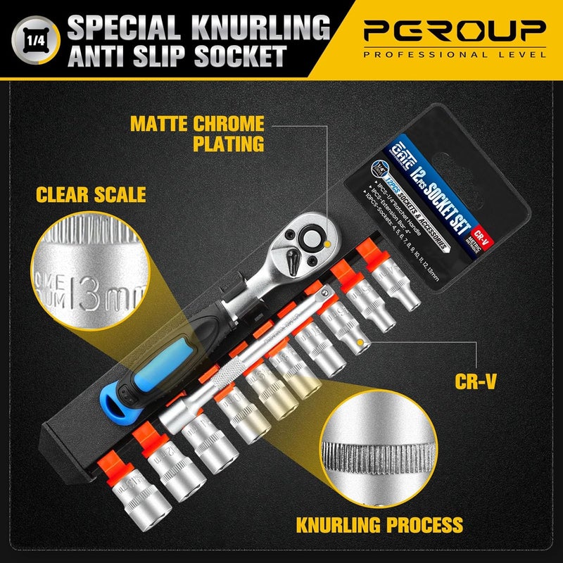 pgroup 12PCS 1/4" Drive Metric Socket Wrench Set, 90-Tooth Reversible Ratchet Handle，6 Point Shallow Sockets (4-13mm) and Extension Bar 4", CR-V Steel, Tool Set For Car,Motorcycle,Bike Repair - Image 5